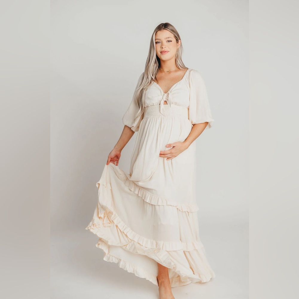 Eleanor Ruffle Detail Maxi Dress in Cream - Bump Friendly